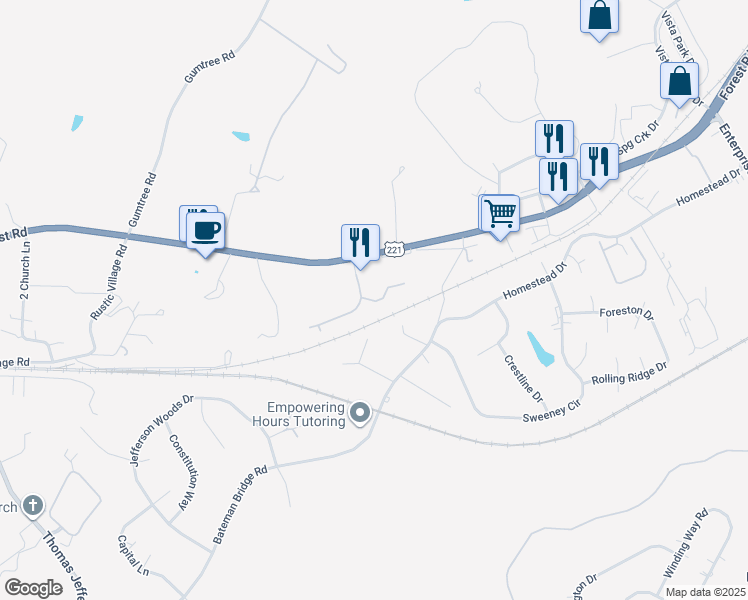 map of restaurants, bars, coffee shops, grocery stores, and more near 1047 East Lawn Drive in Forest