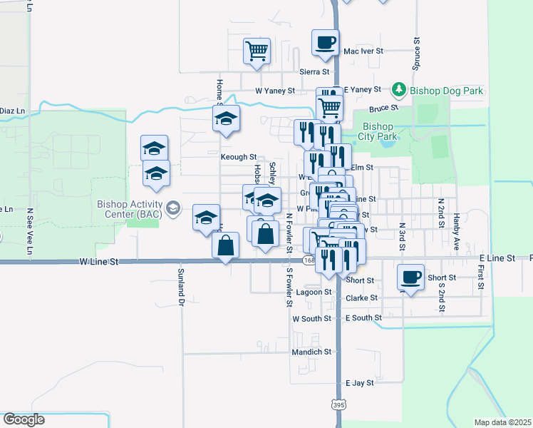 map of restaurants, bars, coffee shops, grocery stores, and more near 500 West Pine Street in Bishop