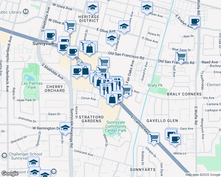 map of restaurants, bars, coffee shops, grocery stores, and more near 563 California 82 in Sunnyvale