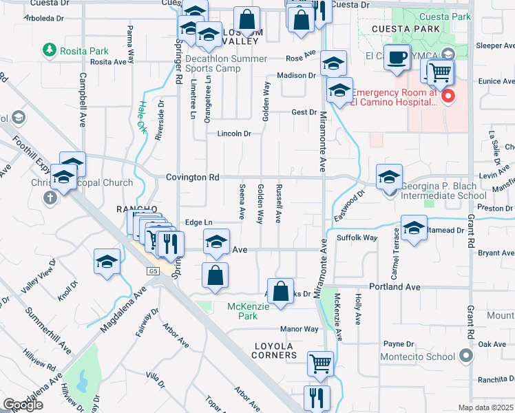 map of restaurants, bars, coffee shops, grocery stores, and more near 1084 Golden Way in Los Altos