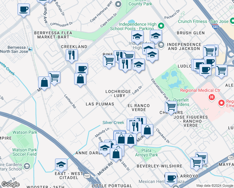 map of restaurants, bars, coffee shops, grocery stores, and more near 563 Avalani Avenue in San Jose
