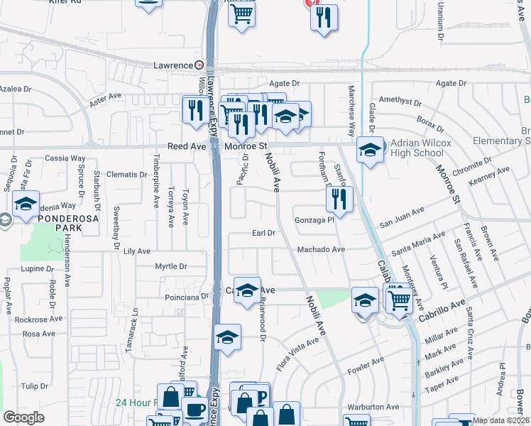map of restaurants, bars, coffee shops, grocery stores, and more near 2243 Emmett Court in Santa Clara