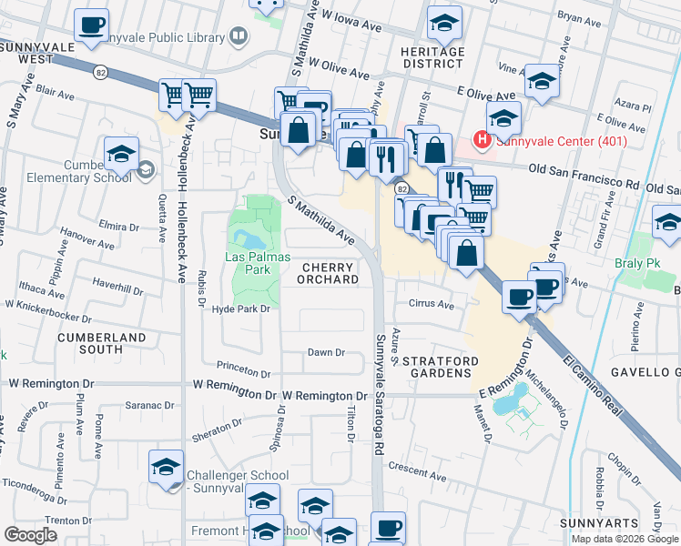 map of restaurants, bars, coffee shops, grocery stores, and more near 852 Yates Court in Sunnyvale