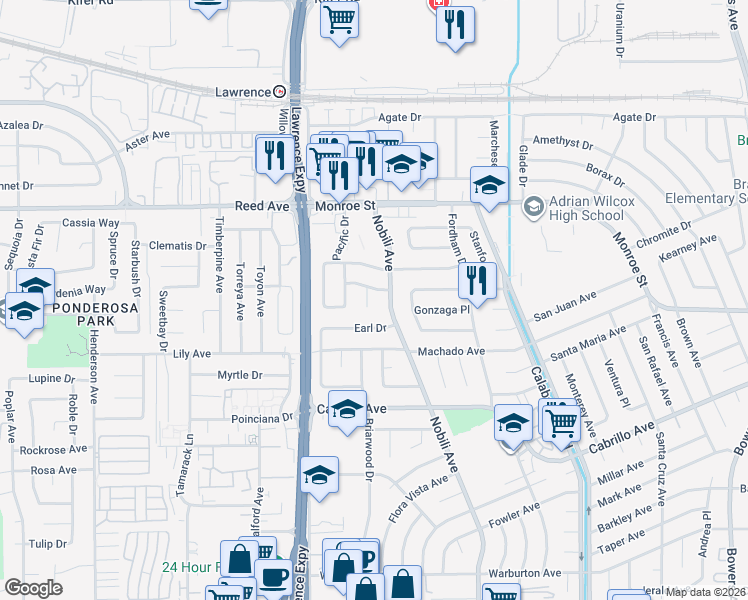 map of restaurants, bars, coffee shops, grocery stores, and more near 2243 Emmett Court in Santa Clara