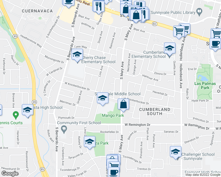 map of restaurants, bars, coffee shops, grocery stores, and more near 1027 Kenbridge Court in Sunnyvale