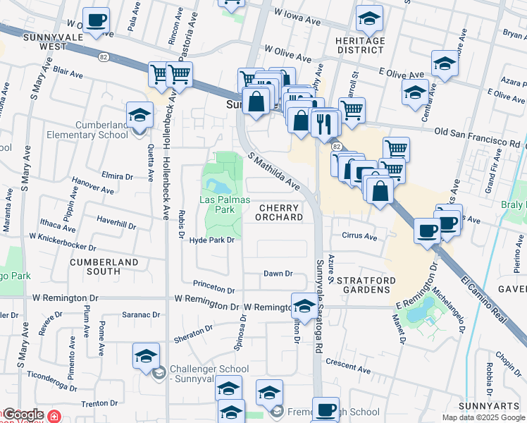 map of restaurants, bars, coffee shops, grocery stores, and more near 852 Summit Court in Sunnyvale