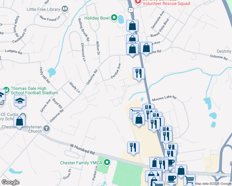 map of restaurants, bars, coffee shops, grocery stores, and more near 2901 Warfield Ridge Terrace in Chester