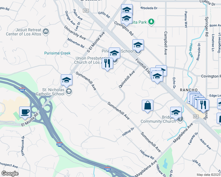 map of restaurants, bars, coffee shops, grocery stores, and more near 24570 Ruth Lee Court in Los Altos