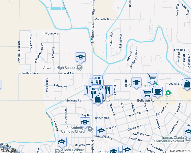 map of restaurants, bars, coffee shops, grocery stores, and more near 3084 North Winton Way in Atwater
