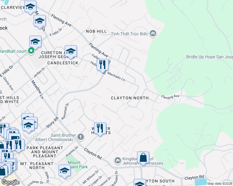 map of restaurants, bars, coffee shops, grocery stores, and more near 1196 Utopia Place in San Jose
