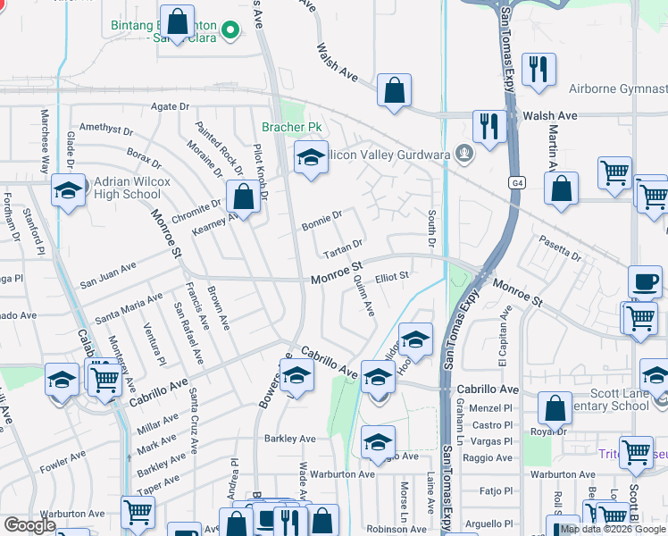 map of restaurants, bars, coffee shops, grocery stores, and more near 2631 Monroe Street in Santa Clara