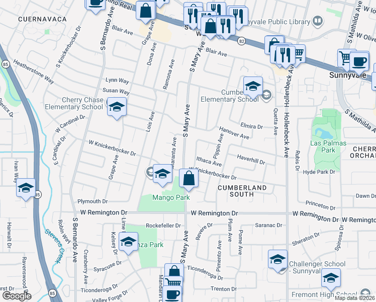 map of restaurants, bars, coffee shops, grocery stores, and more near 879 South Mary Avenue in Sunnyvale