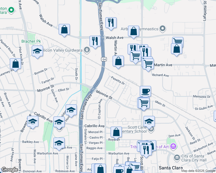 map of restaurants, bars, coffee shops, grocery stores, and more near 2274 Ellena Drive in Santa Clara