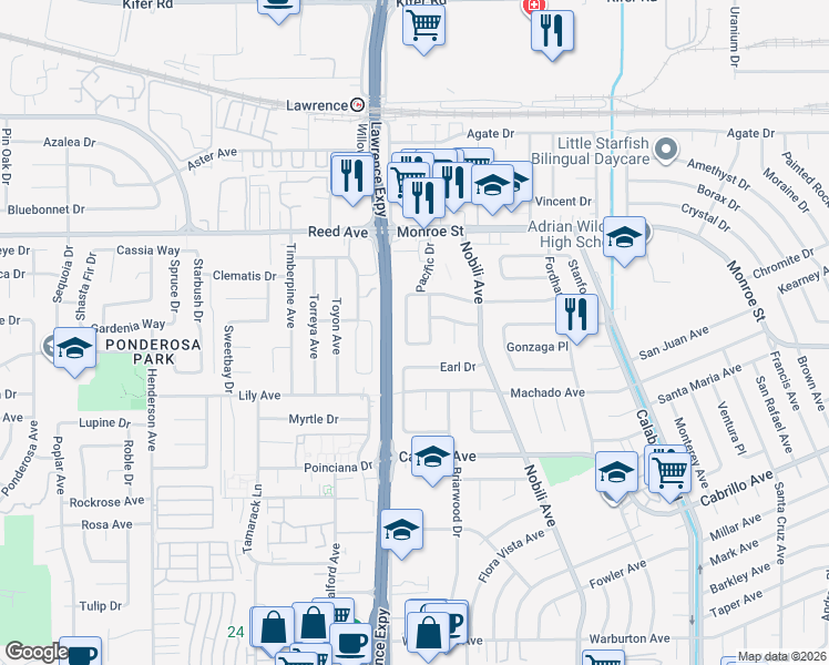map of restaurants, bars, coffee shops, grocery stores, and more near 2229 Crocker Way in Santa Clara