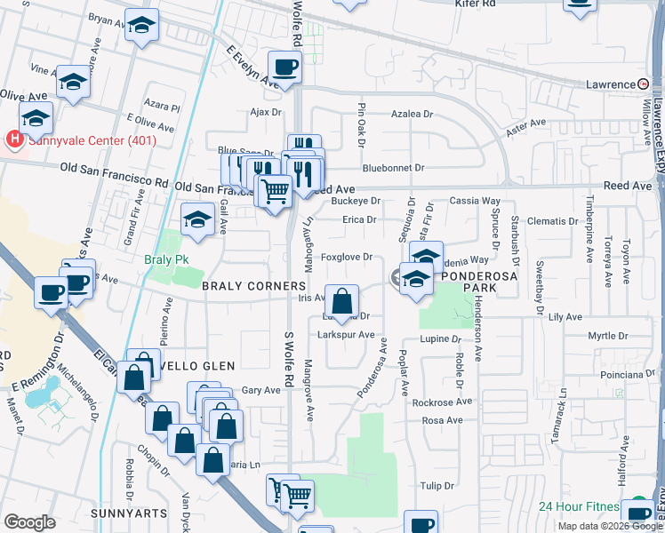 map of restaurants, bars, coffee shops, grocery stores, and more near 785 Nuttal Oak Court in Sunnyvale