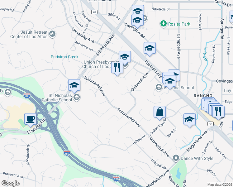 map of restaurants, bars, coffee shops, grocery stores, and more near 24570 Ruth Lee Court in Los Altos