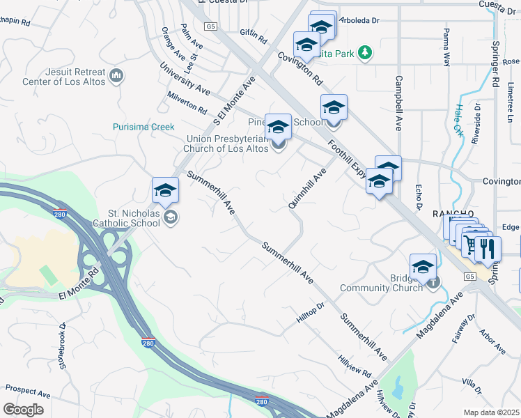 map of restaurants, bars, coffee shops, grocery stores, and more near 24570 Ruth Lee Court in Los Altos