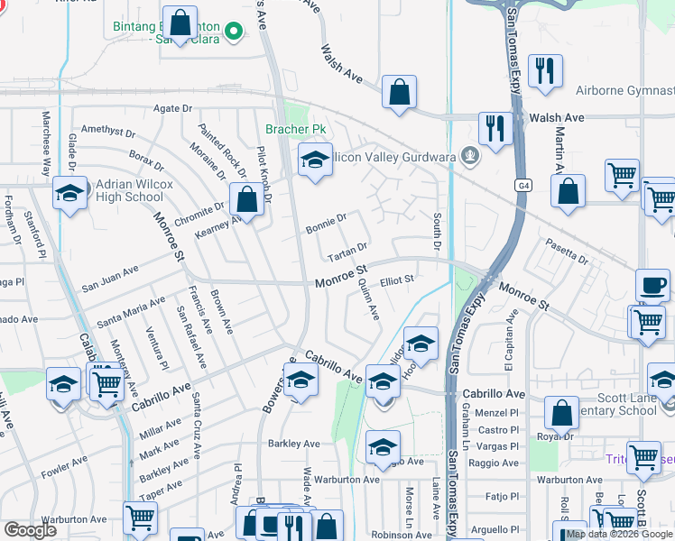 map of restaurants, bars, coffee shops, grocery stores, and more near 2631 Monroe Street in Santa Clara