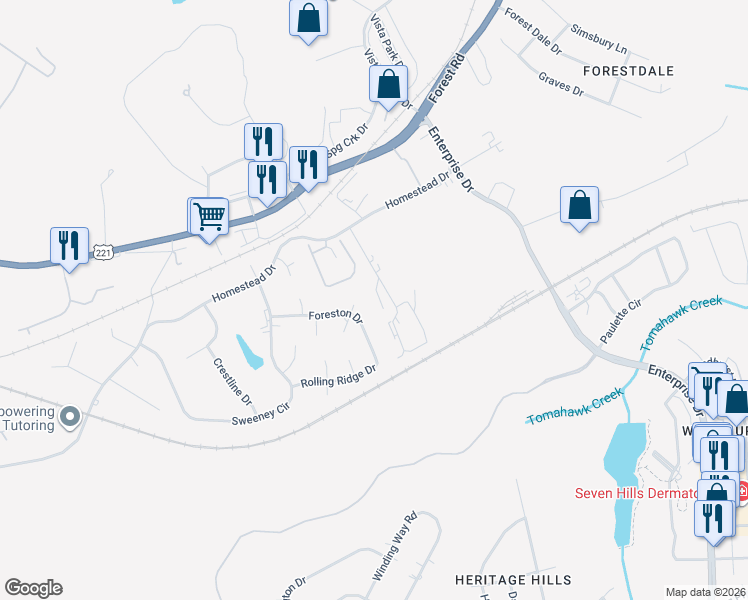 map of restaurants, bars, coffee shops, grocery stores, and more near 1141 Homestead Garden Court in Forest