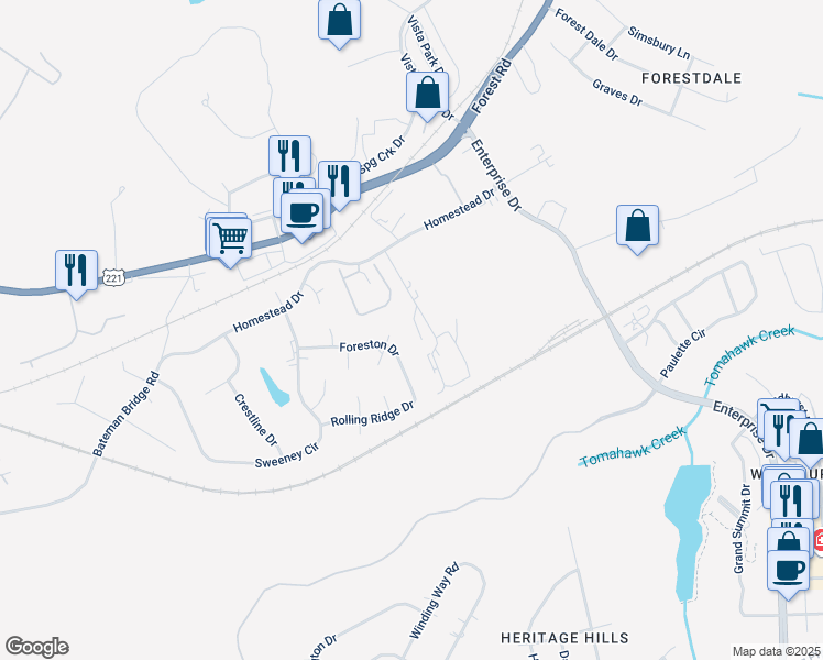 map of restaurants, bars, coffee shops, grocery stores, and more near 1139 Homestead Garden Court in Forest