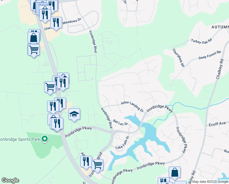 map of restaurants, bars, coffee shops, grocery stores, and more near 6518 Autumn Landing Court in Chester