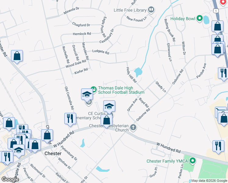 map of restaurants, bars, coffee shops, grocery stores, and more near 11740 Dewberry Lane in Chester