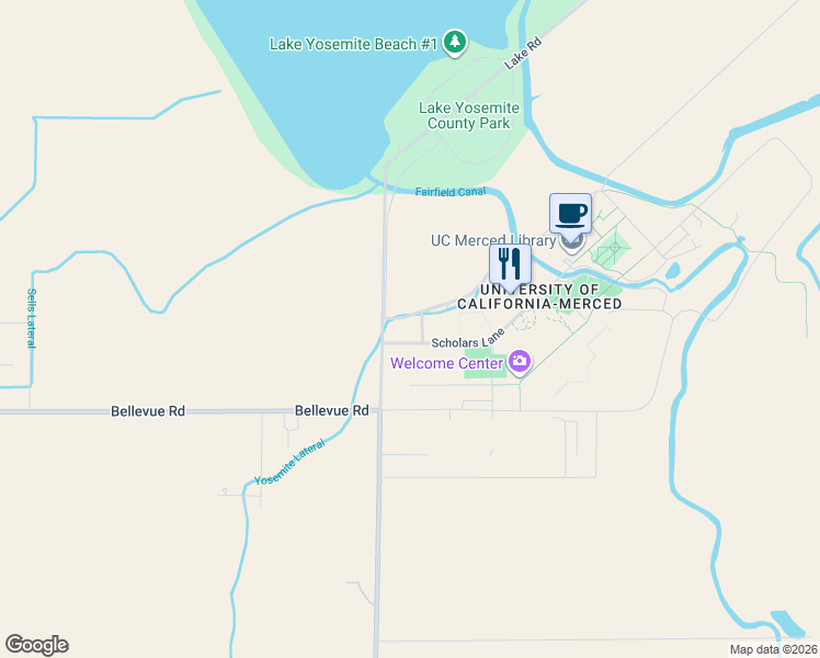 map of restaurants, bars, coffee shops, grocery stores, and more near 5200 Lake Road in Merced