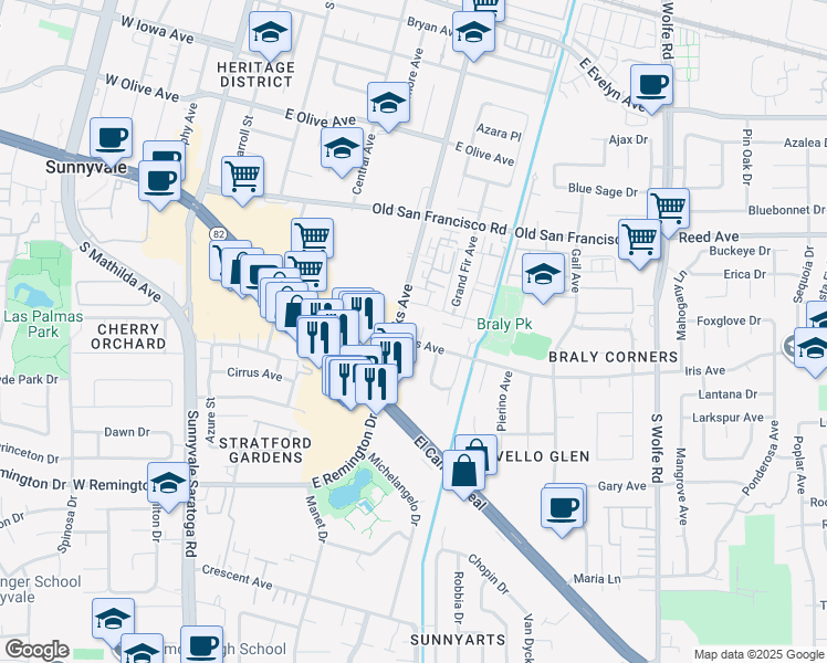 map of restaurants, bars, coffee shops, grocery stores, and more near 611 Iris Avenue in Sunnyvale