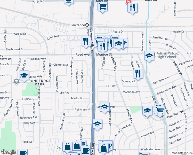 map of restaurants, bars, coffee shops, grocery stores, and more near 2229 Crocker Way in Santa Clara