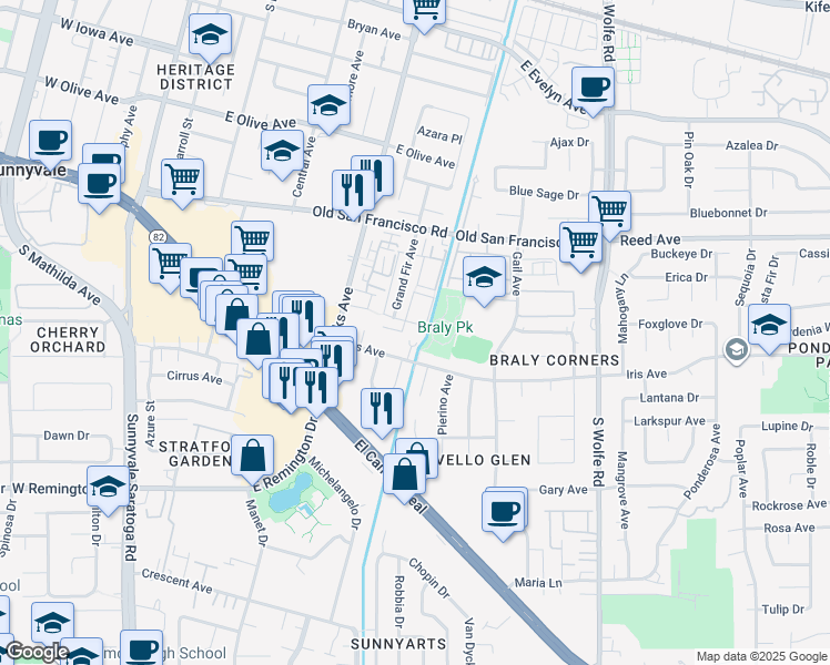 map of restaurants, bars, coffee shops, grocery stores, and more near 677 Iris Avenue in Sunnyvale