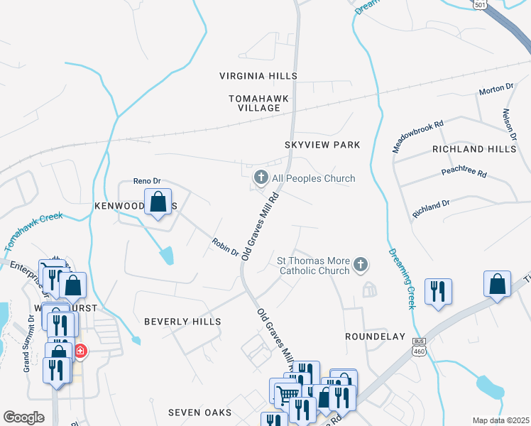 map of restaurants, bars, coffee shops, grocery stores, and more near 629-703 Old Graves Mill Road in Lynchburg
