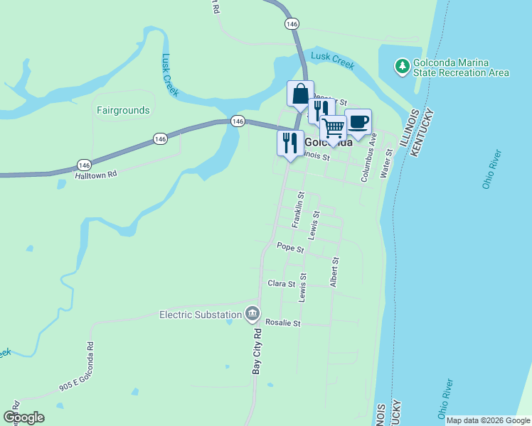 map of restaurants, bars, coffee shops, grocery stores, and more near Adams Street in Golconda