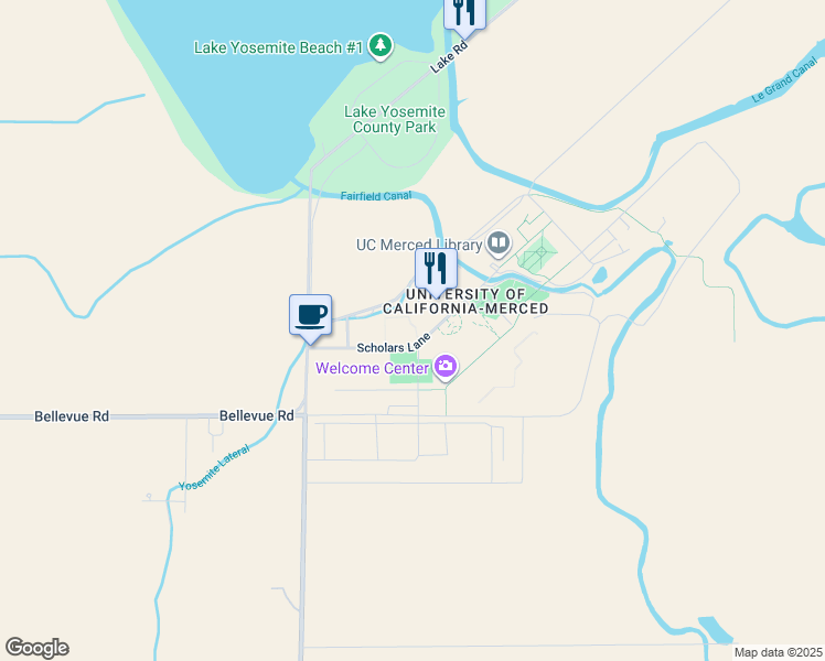 map of restaurants, bars, coffee shops, grocery stores, and more near 5400 N Lake Road in Merced