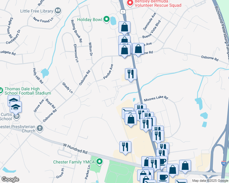 map of restaurants, bars, coffee shops, grocery stores, and more near 2856 Goyne Loop in Chester
