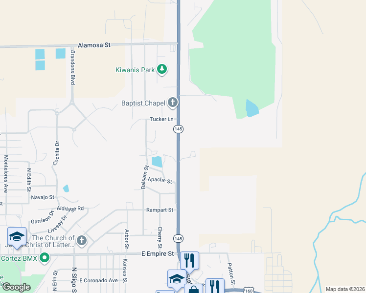 map of restaurants, bars, coffee shops, grocery stores, and more near 1450 North Dolores Road in Cortez
