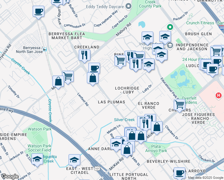 map of restaurants, bars, coffee shops, grocery stores, and more near 650 North King Road in San Jose