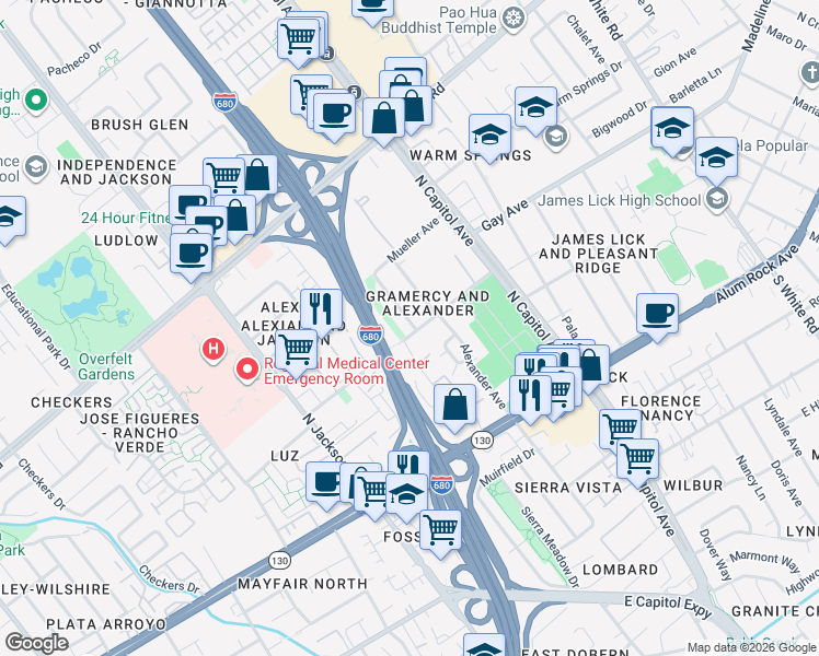 map of restaurants, bars, coffee shops, grocery stores, and more near 138 Elodie Way in San Jose