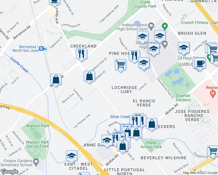 map of restaurants, bars, coffee shops, grocery stores, and more near 650 North King Road in San Jose