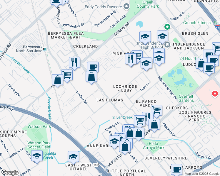 map of restaurants, bars, coffee shops, grocery stores, and more near 1805 Las Plumas Avenue in San Jose
