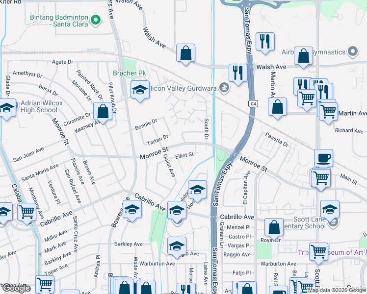 map of restaurants, bars, coffee shops, grocery stores, and more near 2495 Elliot Street in Santa Clara