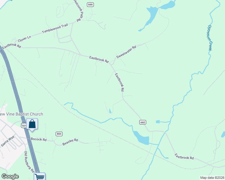map of restaurants, bars, coffee shops, grocery stores, and more near 2678 Eastbrook Road in Lynchburg