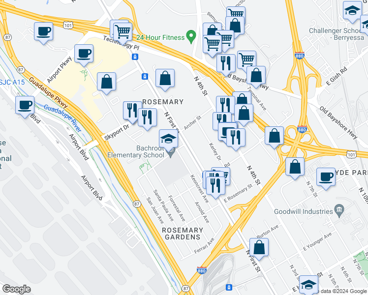 map of restaurants, bars, coffee shops, grocery stores, and more near 1545 North 1st Street in San Jose
