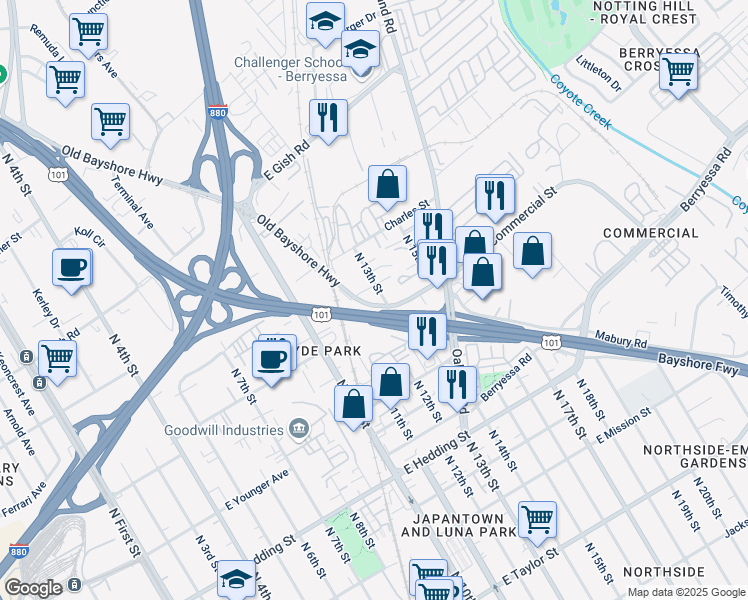 map of restaurants, bars, coffee shops, grocery stores, and more near 1165-1197 Bayshore Fwy in San Jose