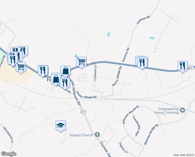 map of restaurants, bars, coffee shops, grocery stores, and more near 1211 2 Church Lane in Forest