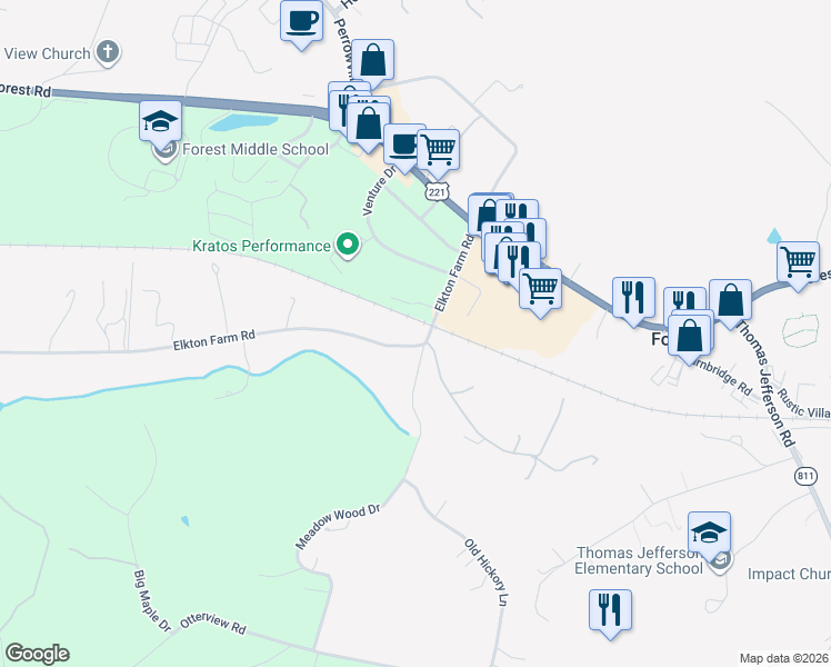 map of restaurants, bars, coffee shops, grocery stores, and more near 1323 Elkton Farm Road in Forest