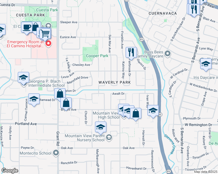 map of restaurants, bars, coffee shops, grocery stores, and more near 1180 Awalt Drive in Mountain View