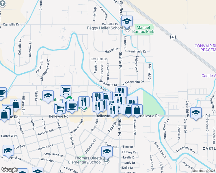 map of restaurants, bars, coffee shops, grocery stores, and more near 190 Manzanita Drive in Atwater