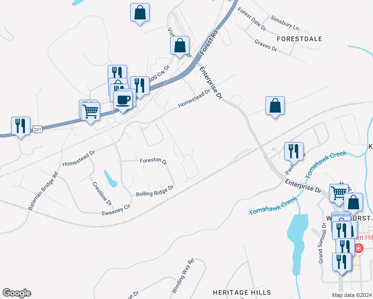 map of restaurants, bars, coffee shops, grocery stores, and more near 1192 Homestead Garden Court in Forest