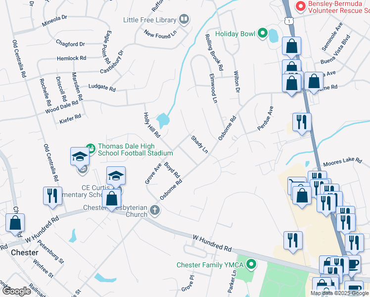 map of restaurants, bars, coffee shops, grocery stores, and more near 11809 Holly Hill Road in Chester