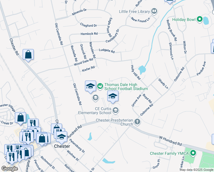 map of restaurants, bars, coffee shops, grocery stores, and more near 11708 Malibu Street in Chester